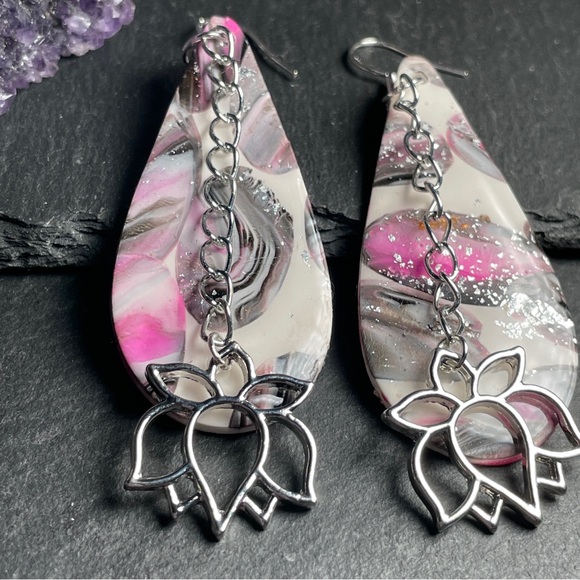 Elegant Pink, Gray and Silver Artisan Lotus Flower Dangle Earrings - Picture 2 of 12